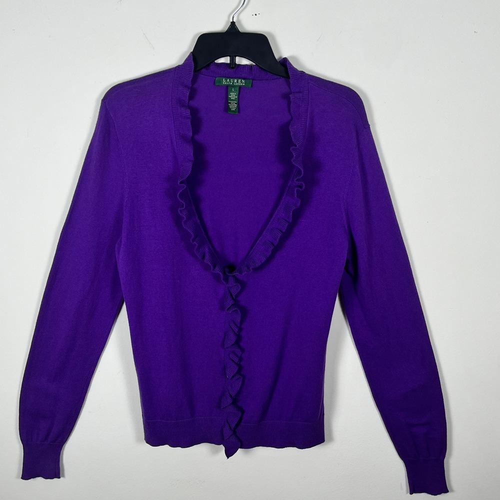 Lauren Ralph Lauren Purple Ruffle Trim Cotton Cashmere Cardigan Sweater Large